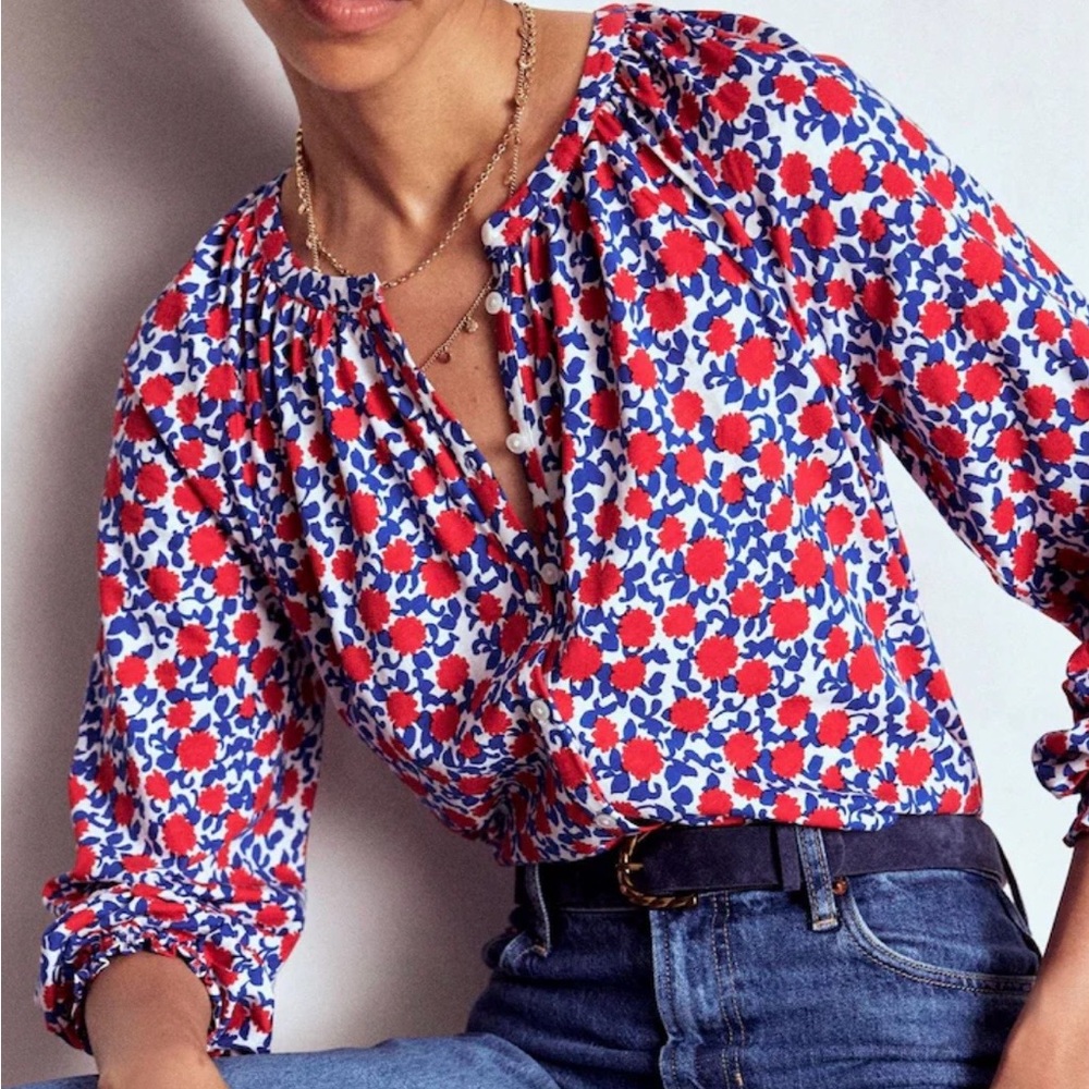 Boden White Blouse with Red & Blue Floral Print